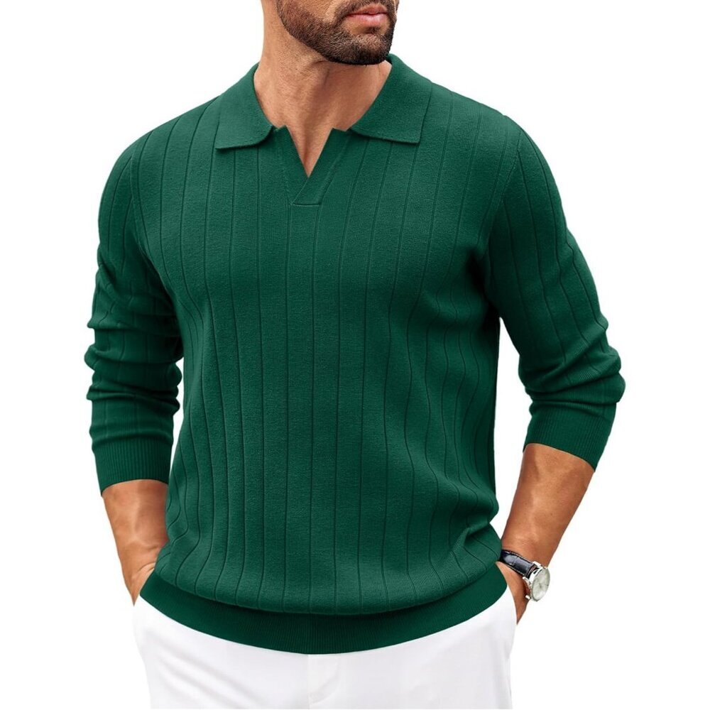 Coofandy Men Dark Green Polo Long Sleeve V Neck Lightweight Pullover Sweater